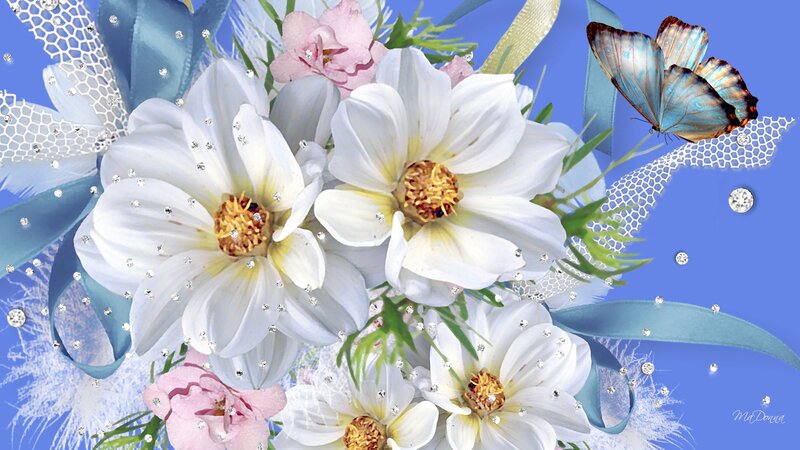 White Flowers with Butterfly — Blue