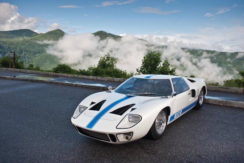 White Ford GT40 on a mountain road
