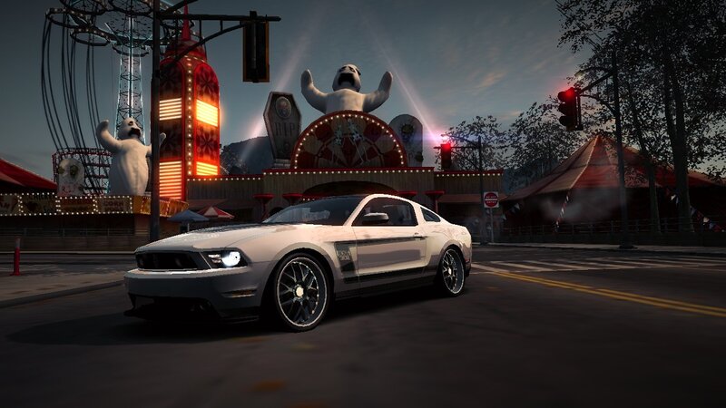 White Ford Mustang at a carnival