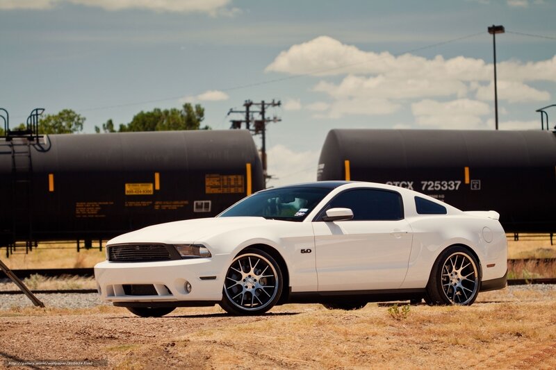 White Ford Mustang — Dramatic, Afternoon, Photograph, Train Cars, Rail Tracks