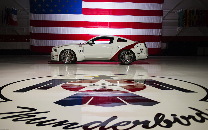 White Ford Mustang — Dramatic, Photograph, American Flag
