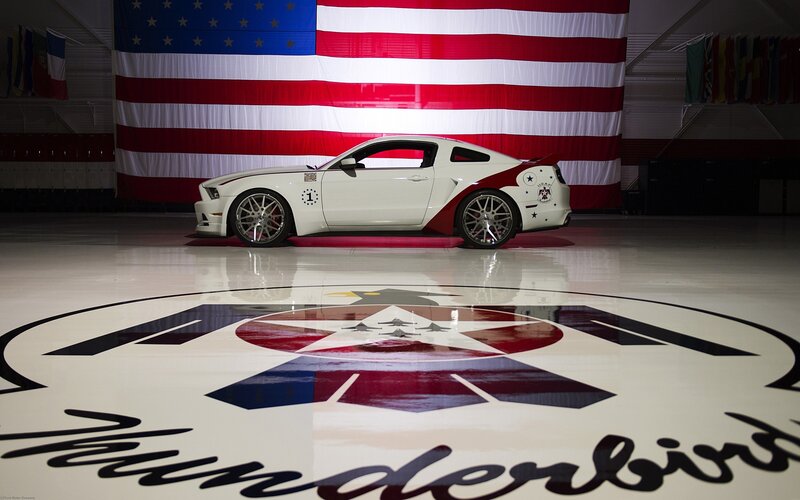 White Ford Mustang — Dramatic, Photograph, American Flag, Thunderbirds Logo