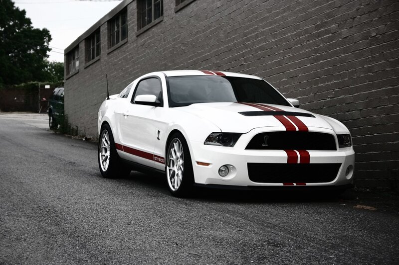 White Ford Mustang — Dramatic, Photograph, Brick Wall