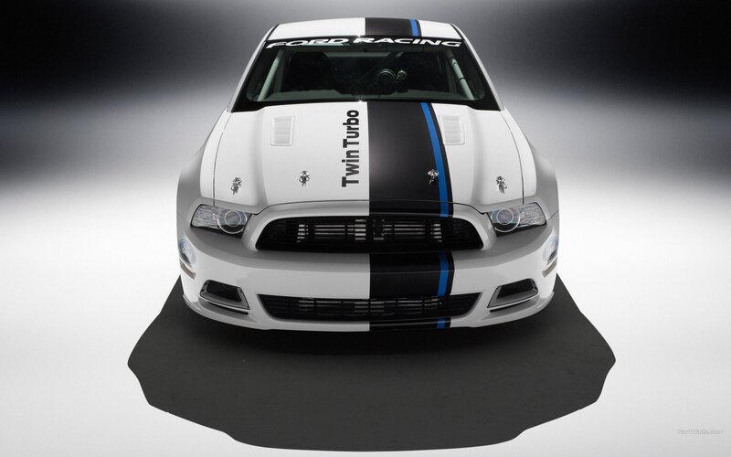 White Ford Mustang — Dramatic, Photograph, Car, Racing Stripes, Hood Vents, Black, Blue