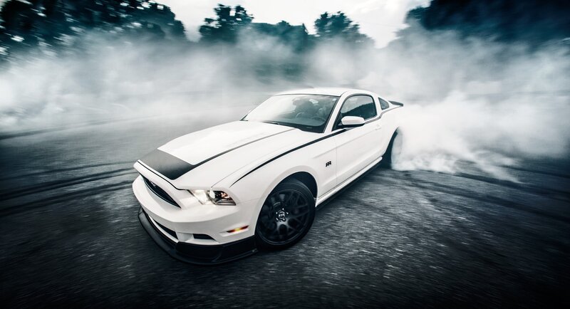 White Ford Mustang — Dramatic, Photograph, Car, Smoke, Road, Black