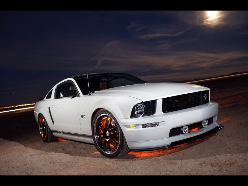 White Ford Mustang GT at night