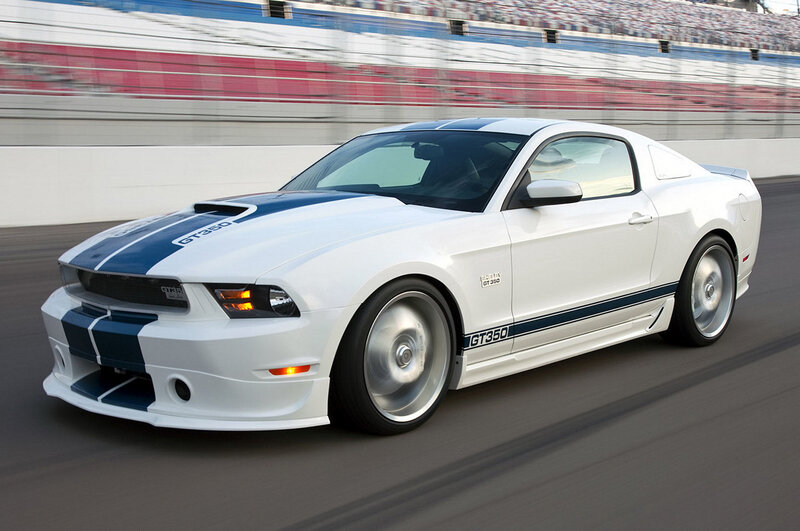 White Ford Mustang GT350 on a racetrack