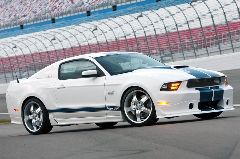 White Ford Mustang GT350 on racetrack