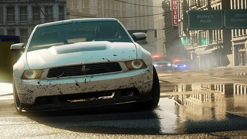 white ford mustang in city