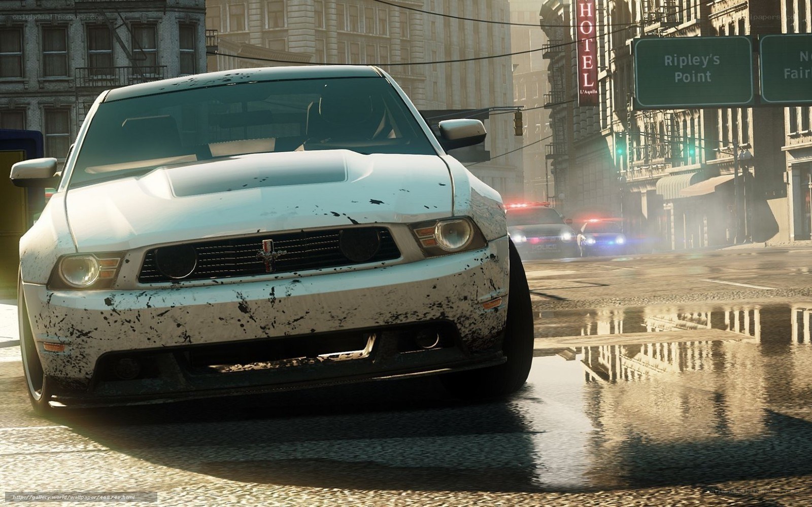 White Ford Mustang in city
