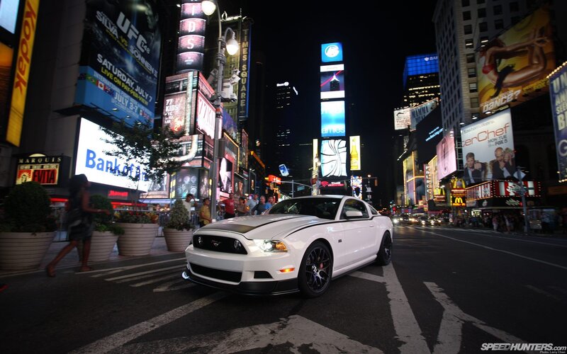 White Ford Mustang in Times Square