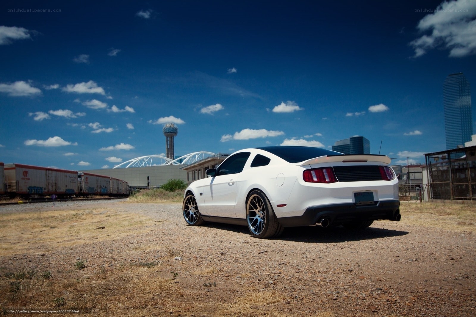 White Ford Mustang in urban setting