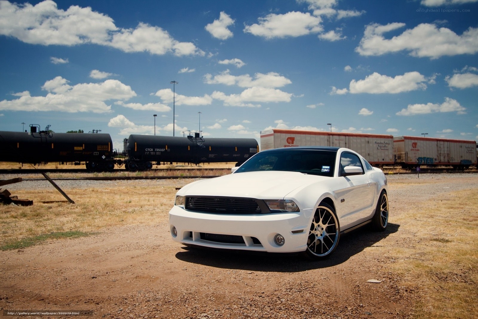White Ford Mustang near train tracks