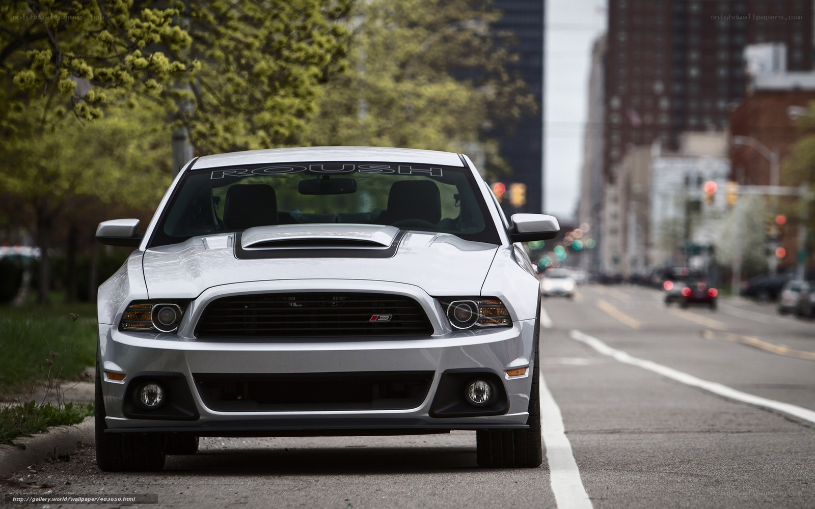 White Ford Mustang on city street