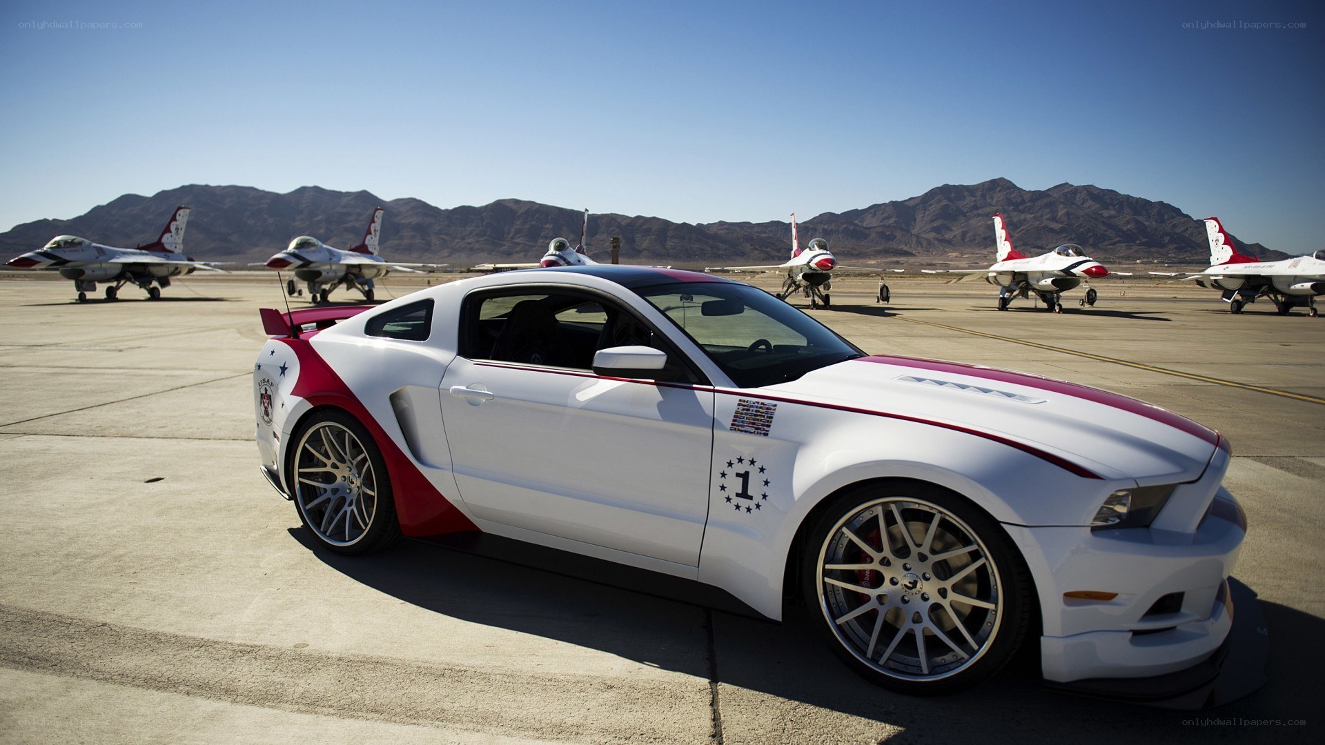White Ford Mustang with jets