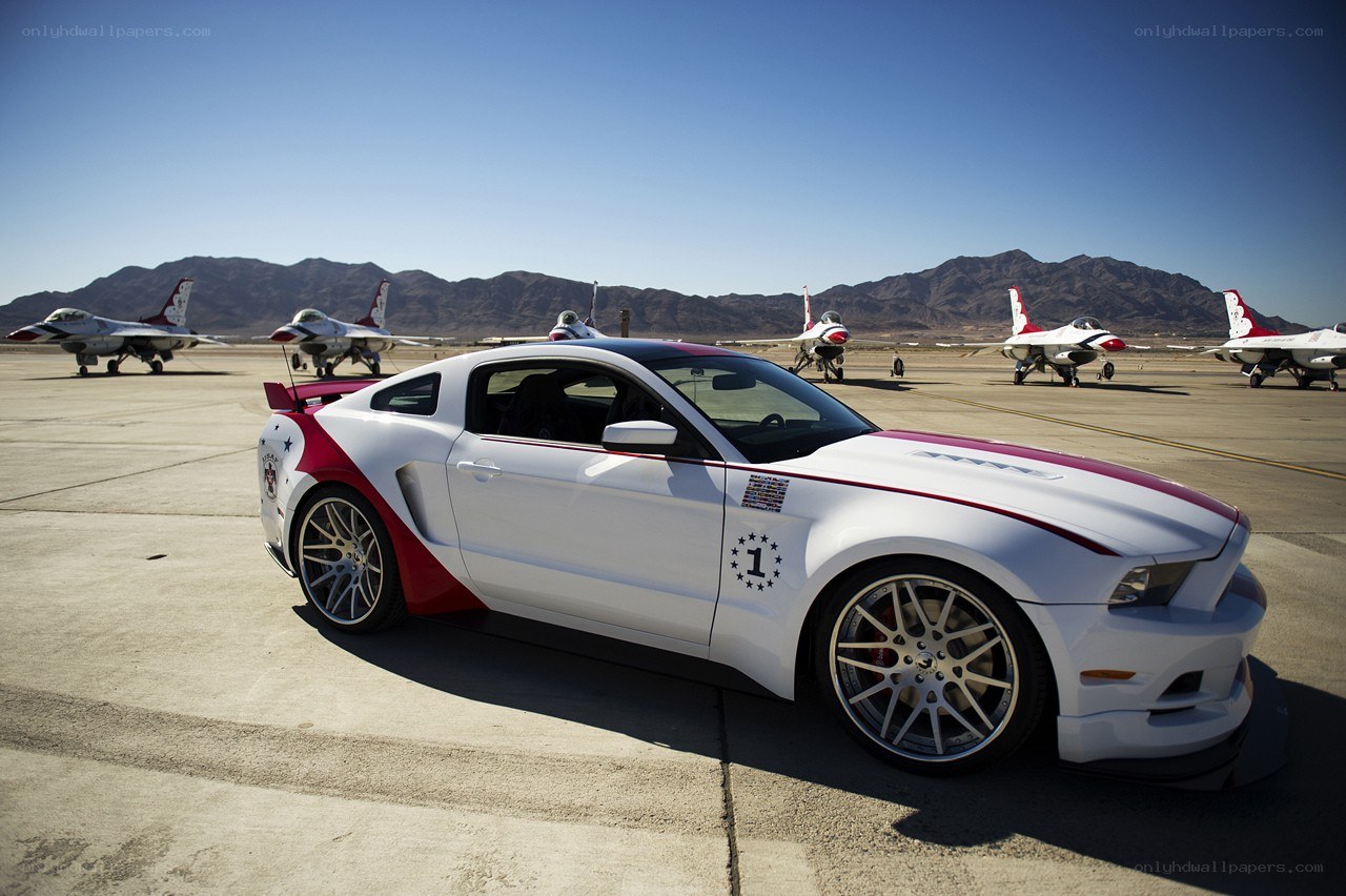 White Ford Mustang with jets
