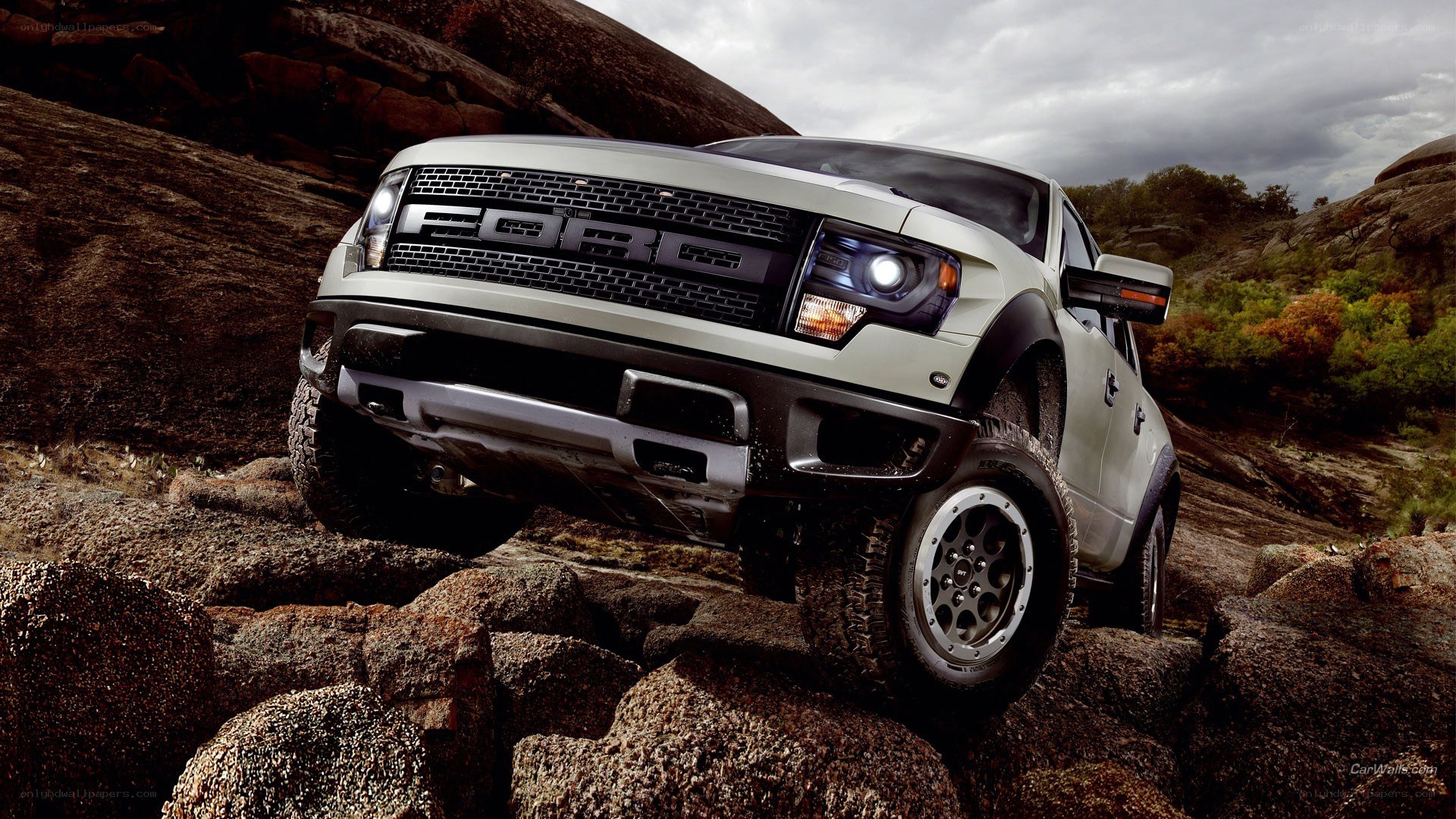 white ford raptor on rocks