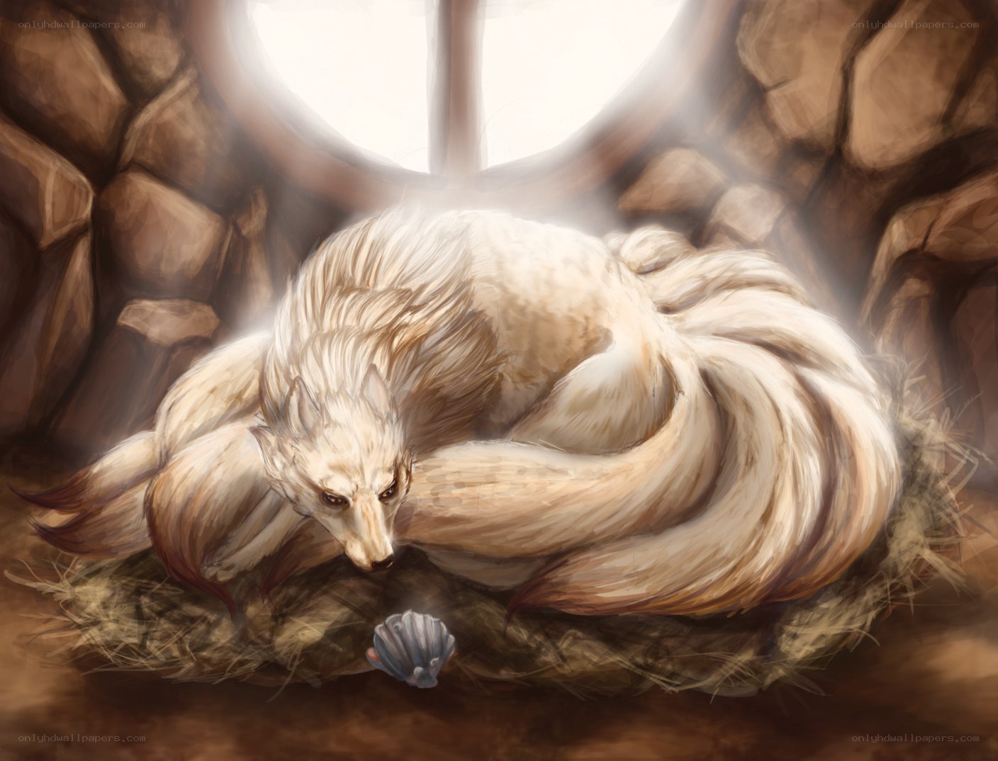 White fox in a stone den