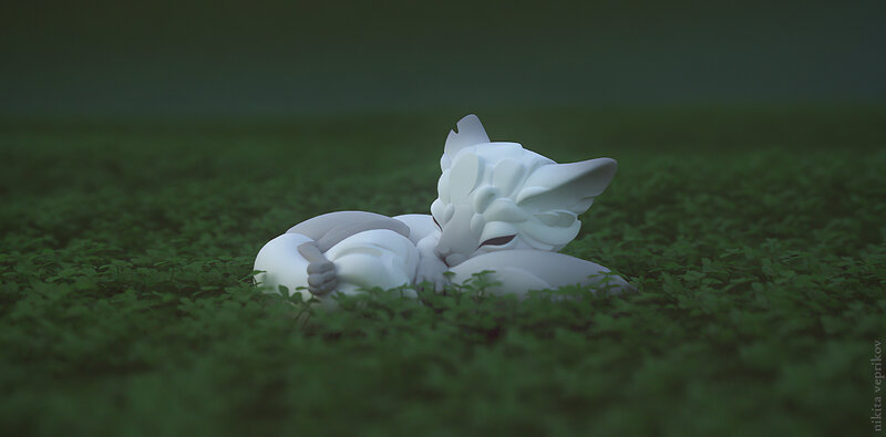 White Fox-like Creature — Green, Serene