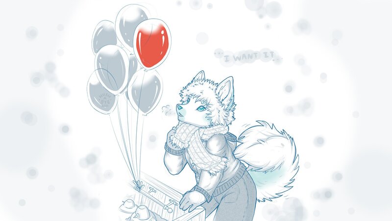white fox with balloons