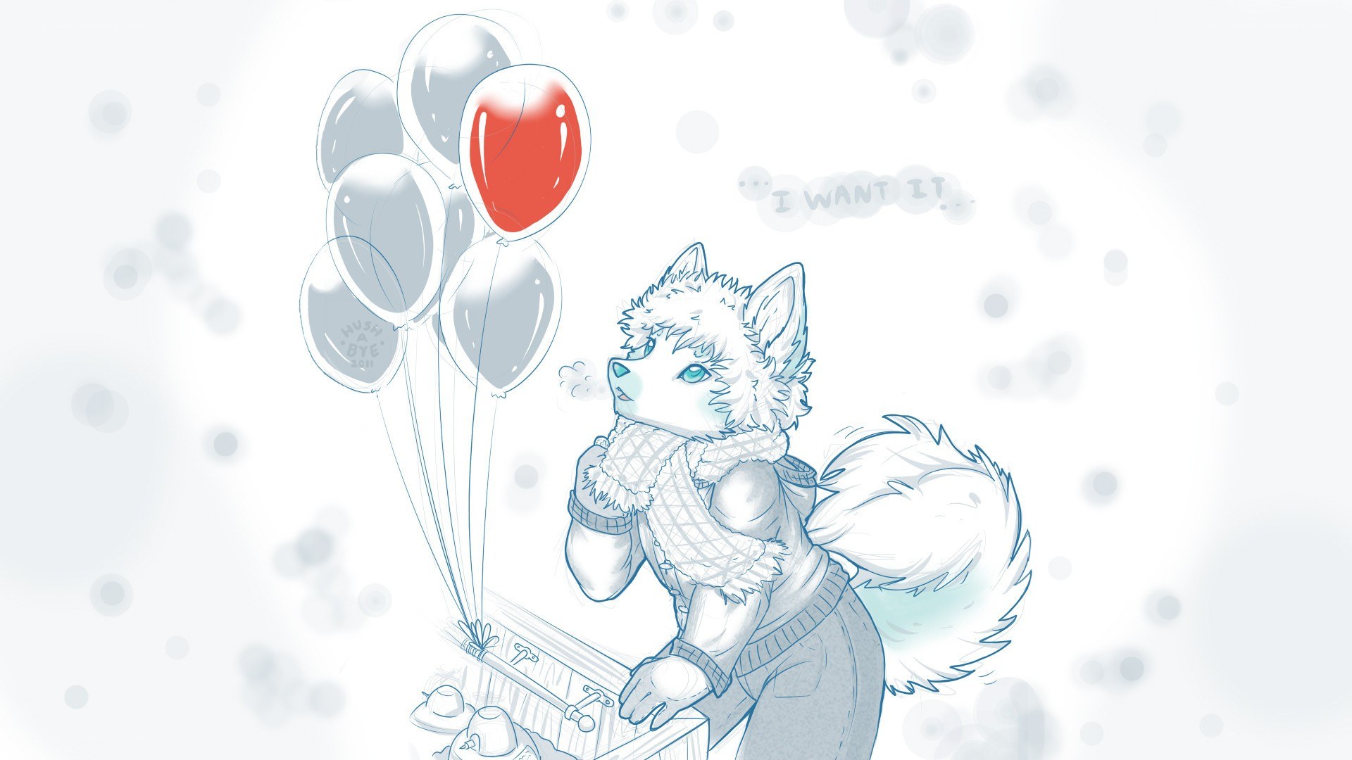 white fox with balloons