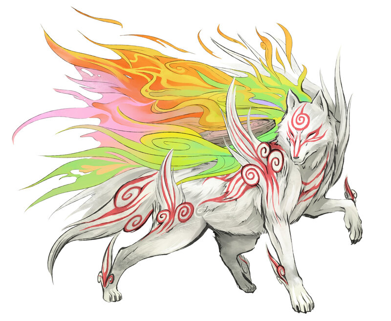 white fox with colorful flames