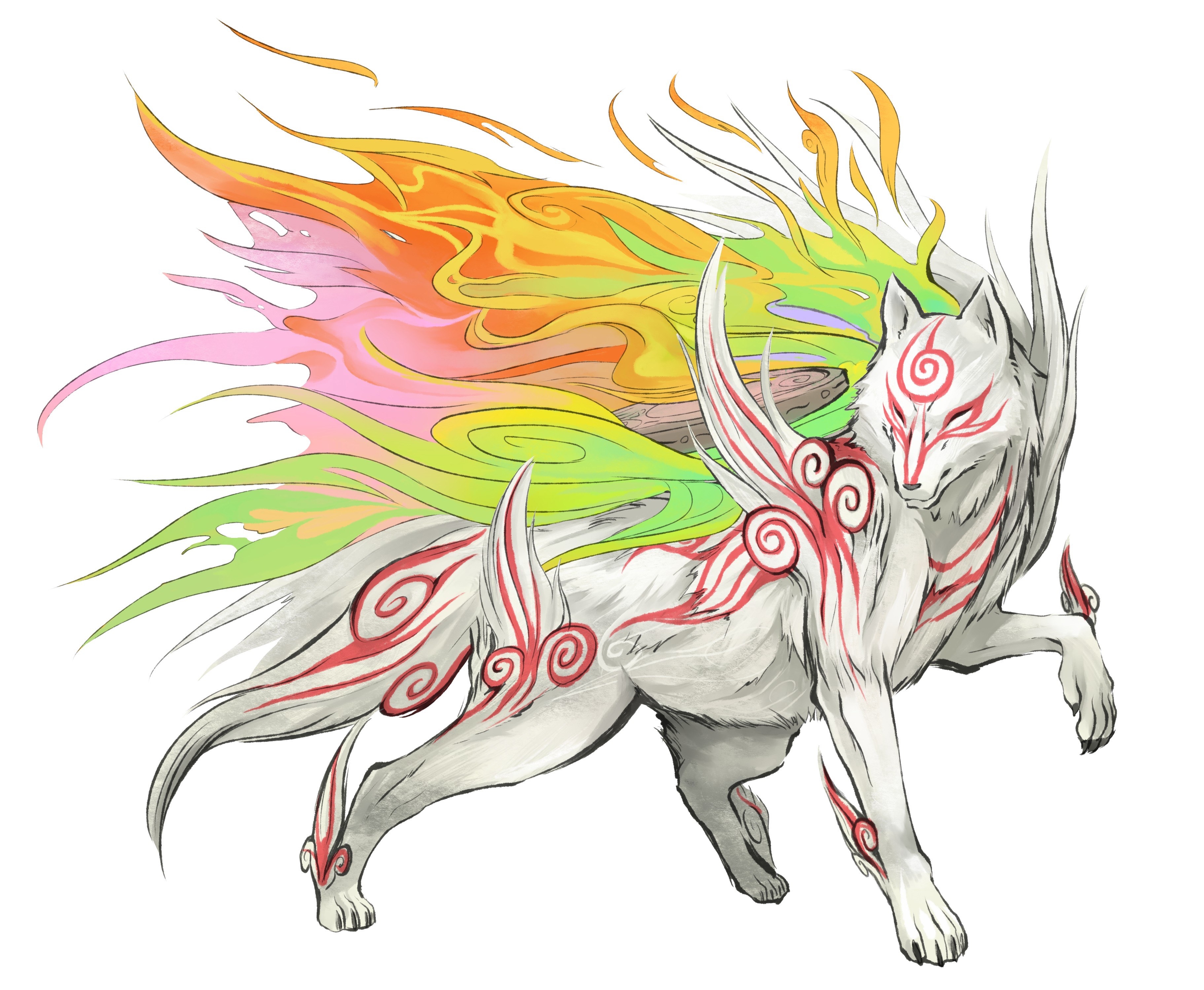 white fox with colorful flames