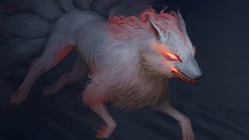white fox with glowing red eyes