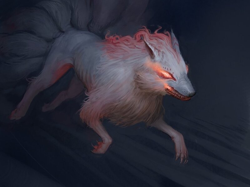 White Fox with Red Eyes — Dramatic, Night