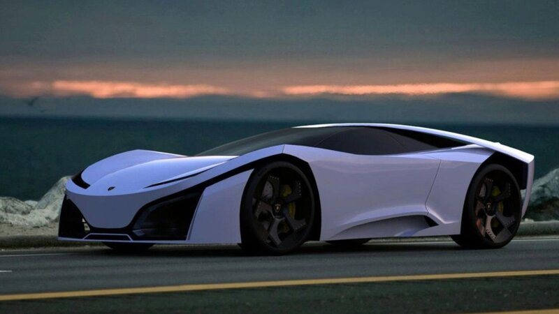 White Futuristic Sports Car — Dramatic, Sunset