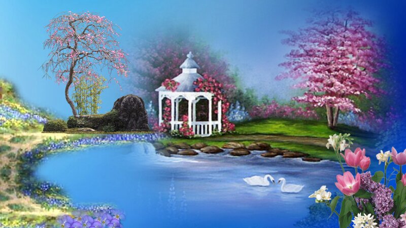 White Gazebo by Pond — Blue