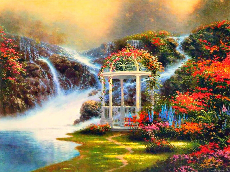 White Gazebo by Waterfall — Green, Serene, Afternoon