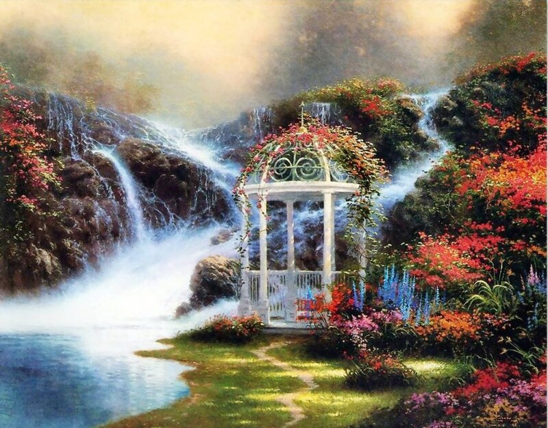 White Gazebo by Waterfall — Green, Serene