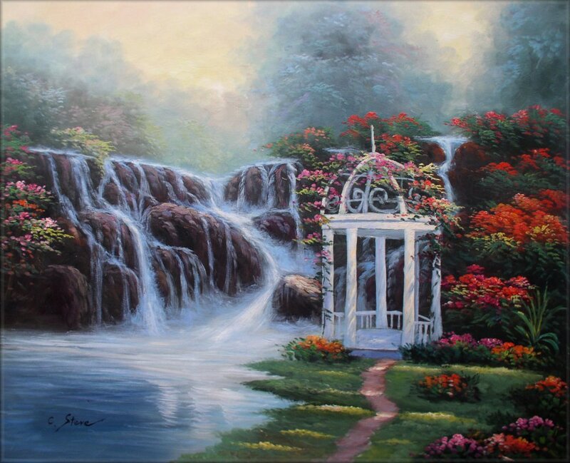 White Gazebo by Waterfall — Green