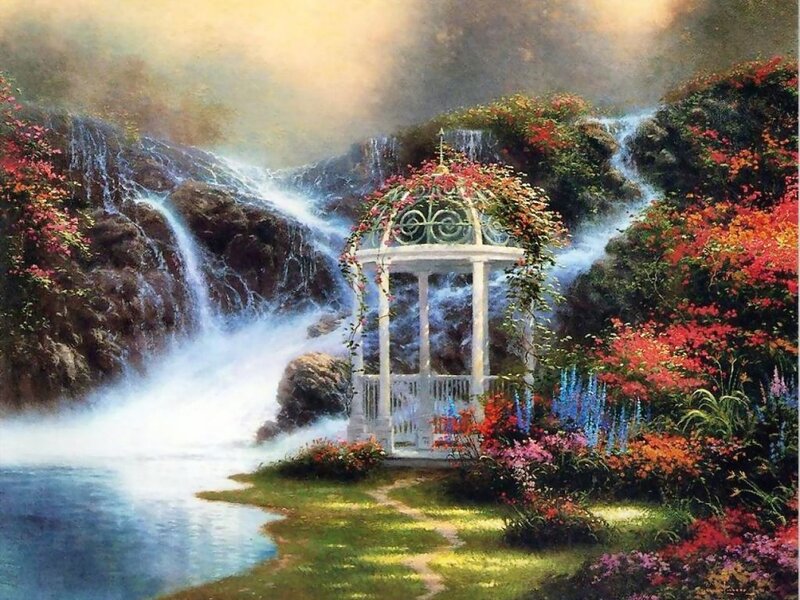 White Gazebo by Waterfall