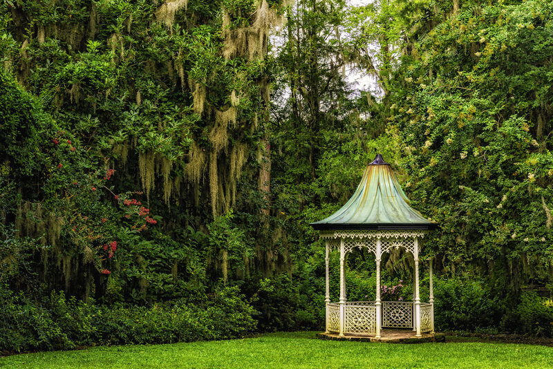 White Gazebo in Garden — Green, Serene, Afternoon, Photograph