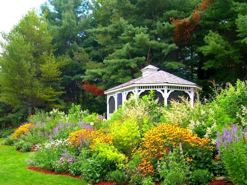 White Gazebo in Garden — Green, Serene, Summer, Photograph