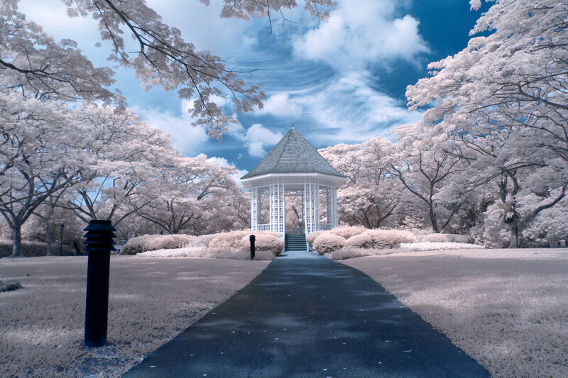 White Gazebo in Park — Blue, Serene, Afternoon