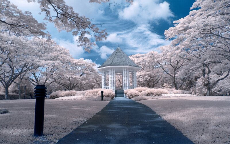 White Gazebo in Park — Blue, Serene, Spring