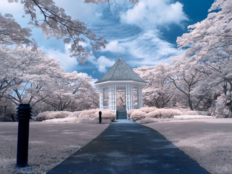 White Gazebo in Park — Blue, Serene