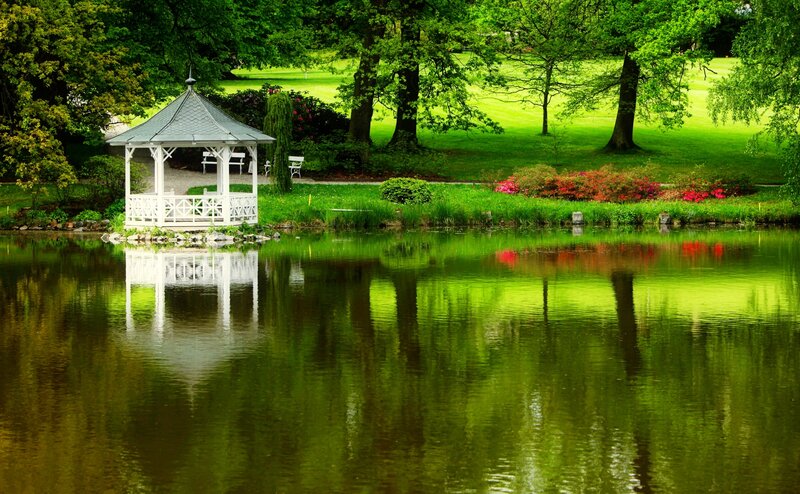 White Gazebo on Pond — Green