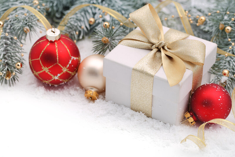 White Gift Box with Ornaments — Festive, Winter, Photograph, Red Ornament