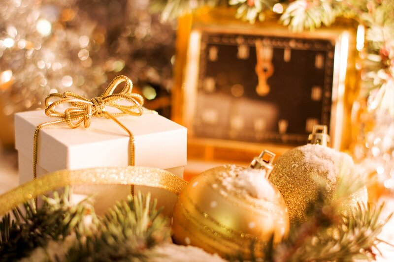 White Gift Box with Ornaments — Gold