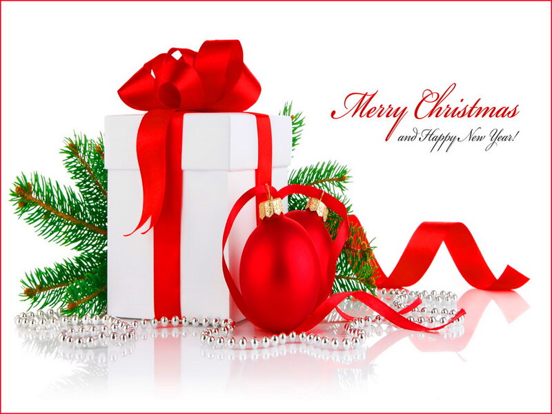 White Gift Box with Ornaments — Red, Festive
