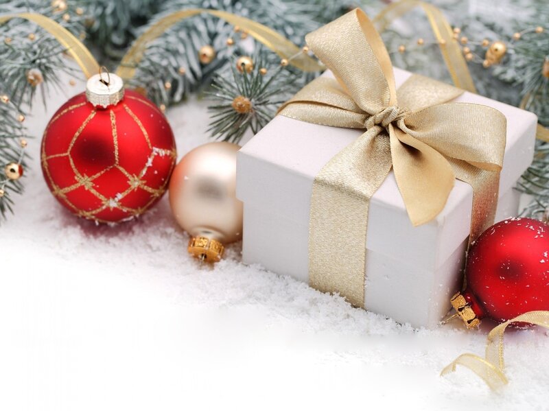 White Gift Box with Ornaments — Red, Festive, Winter