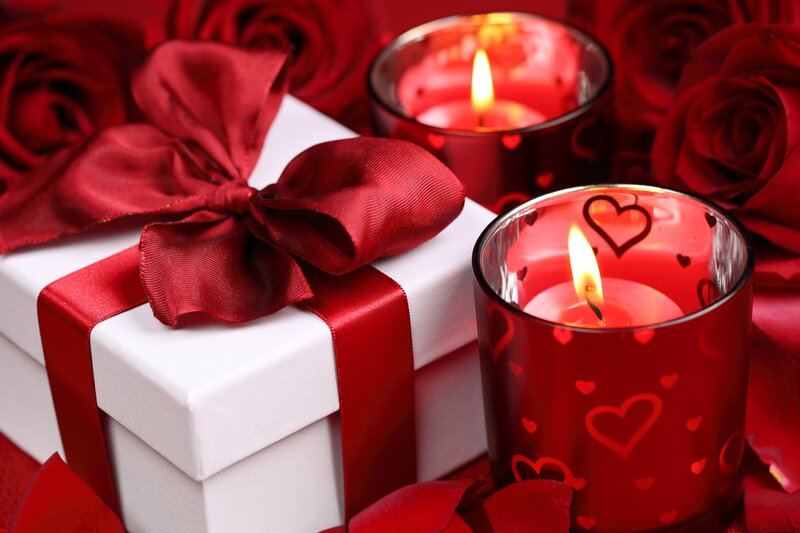 White Gift Box with Red Ribbon — Romantic, Photograph, Candles