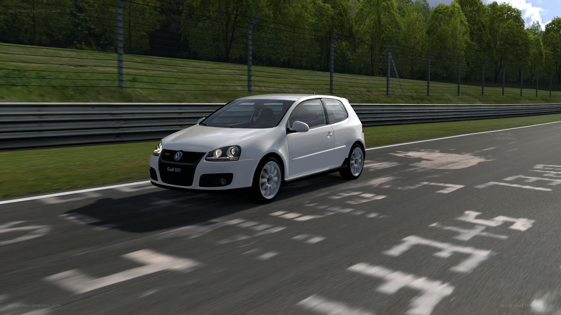 White Golf GTI on racetrack