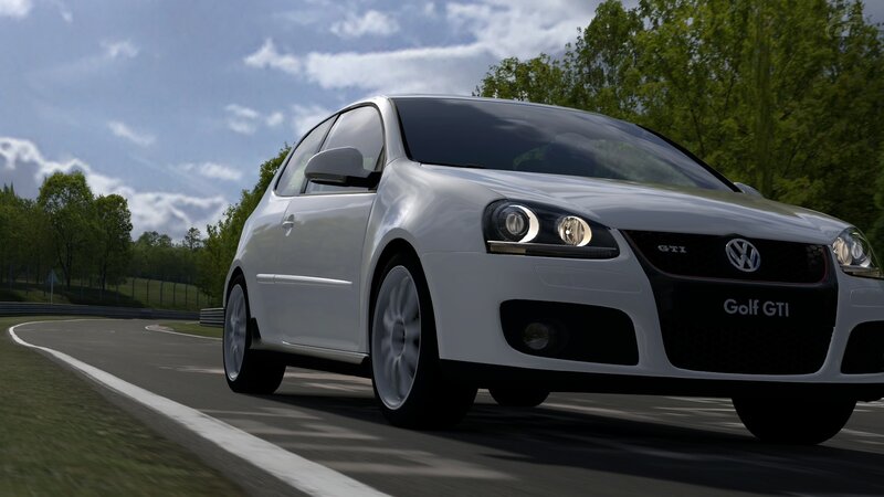 White Golf GTI on racetrack