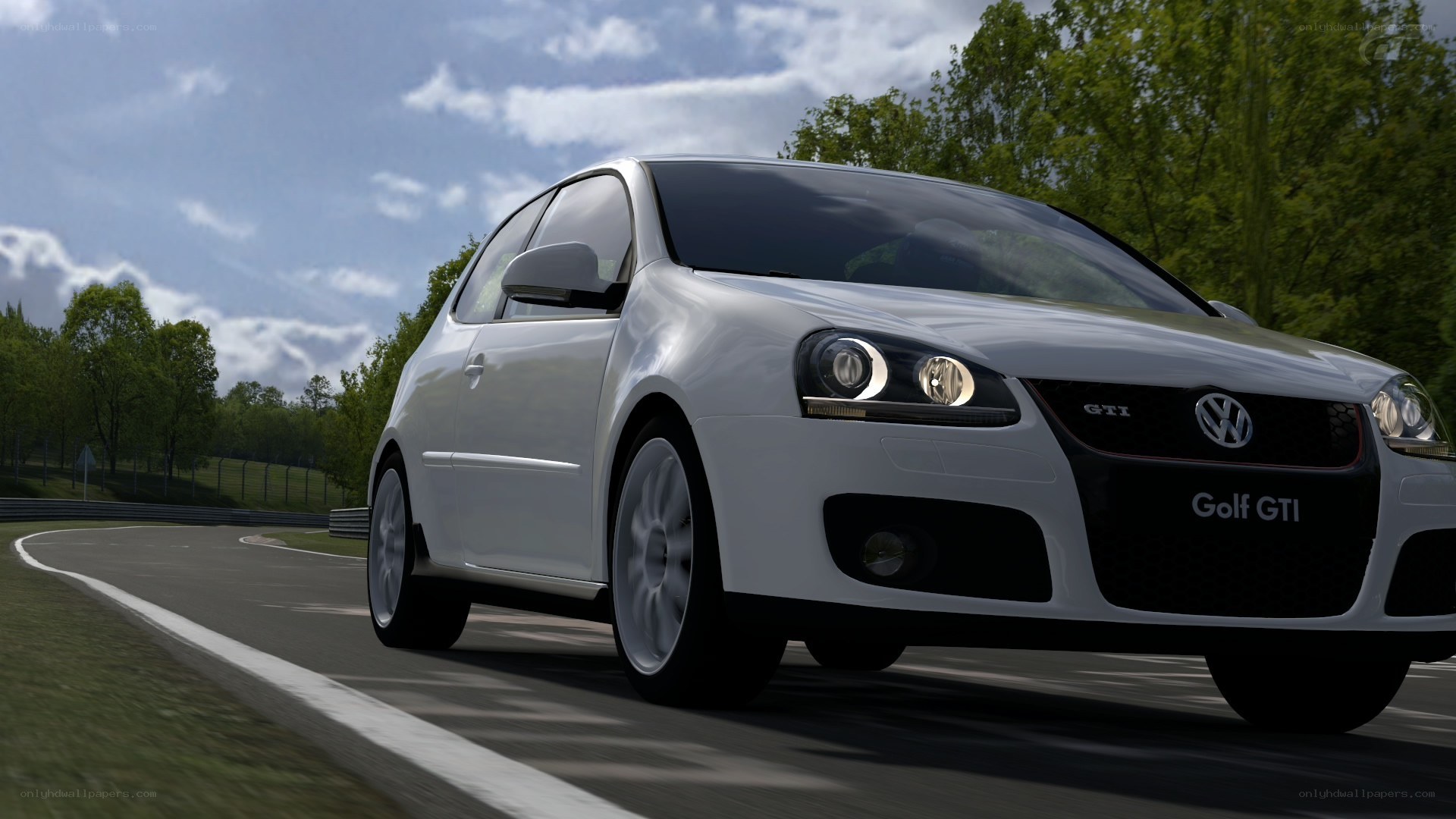 White Golf GTI on racetrack