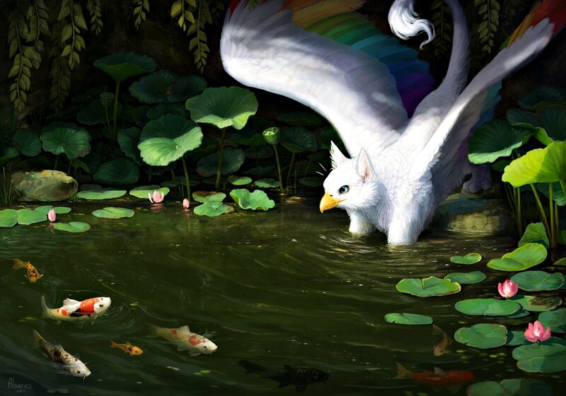 White Griffin in Pond